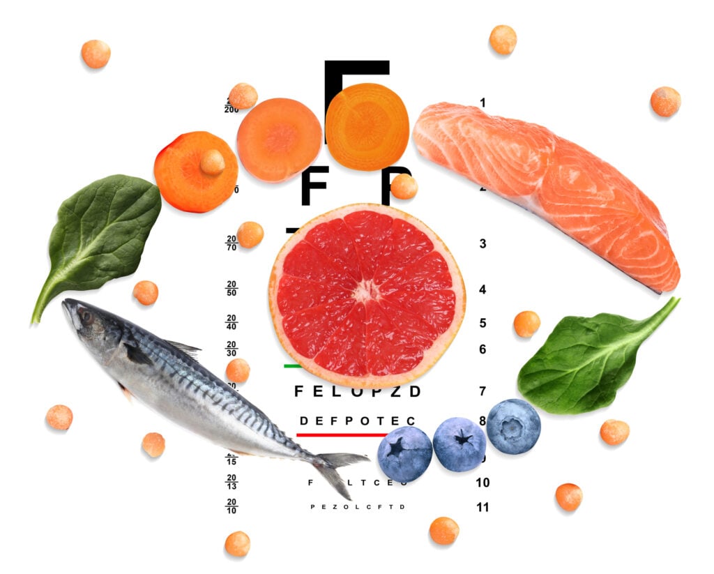 How Nutrition Supports Healthy Eyes 4 Top view of shape of eye made of food products on vision test chart